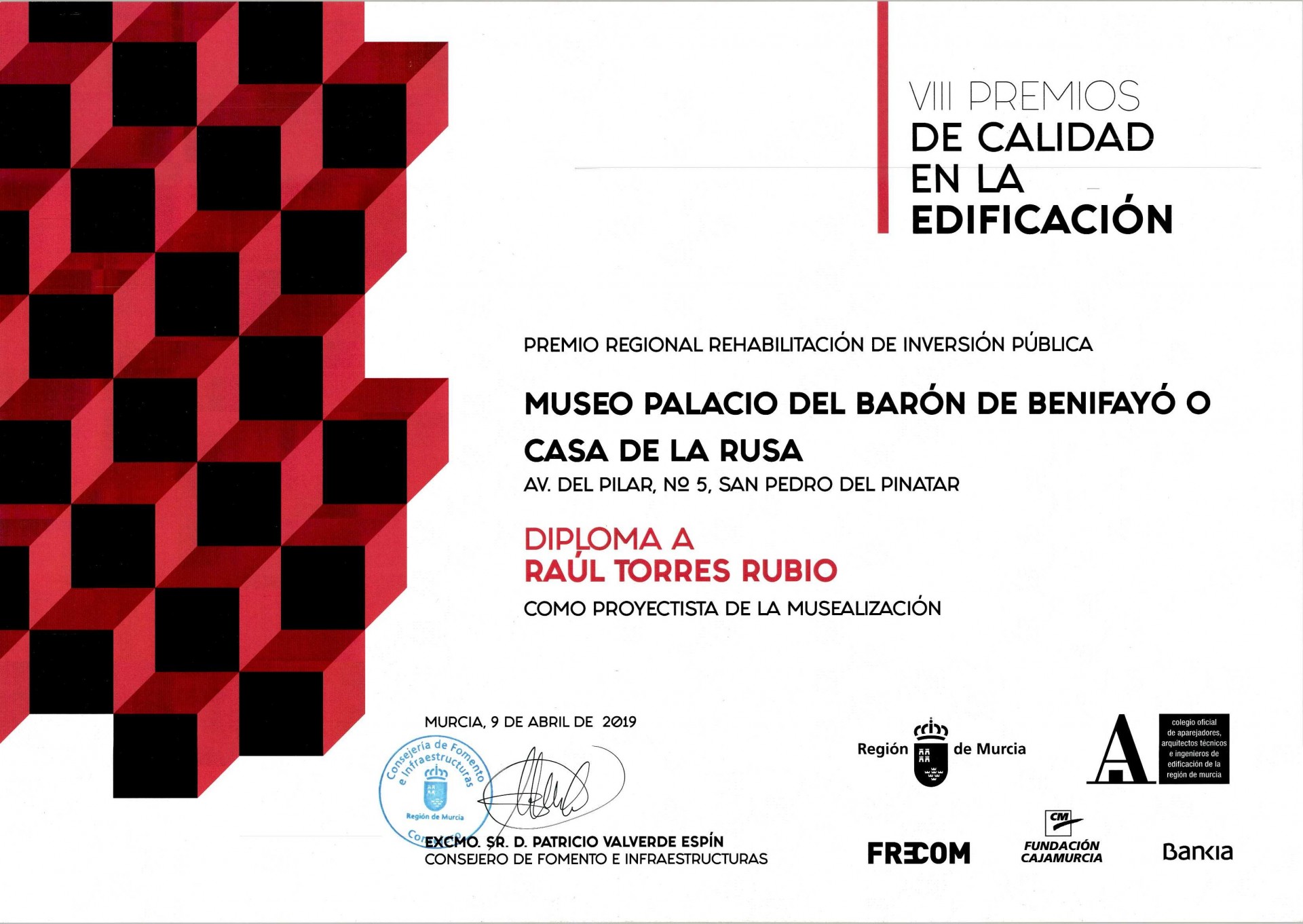 Raúl Torres, ganador premio de calidad en la edificación de la Región de Murcia 2019