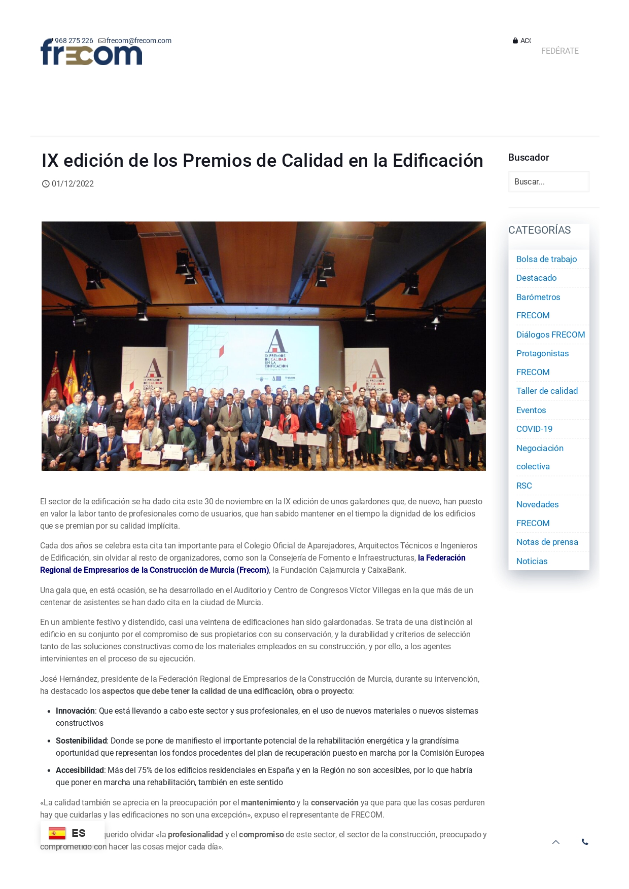 RAÚL TORRES RECIBE EL PREMIO CALIDAD EN LA EDIFICACIÓN EN LA IX EDICIÓN