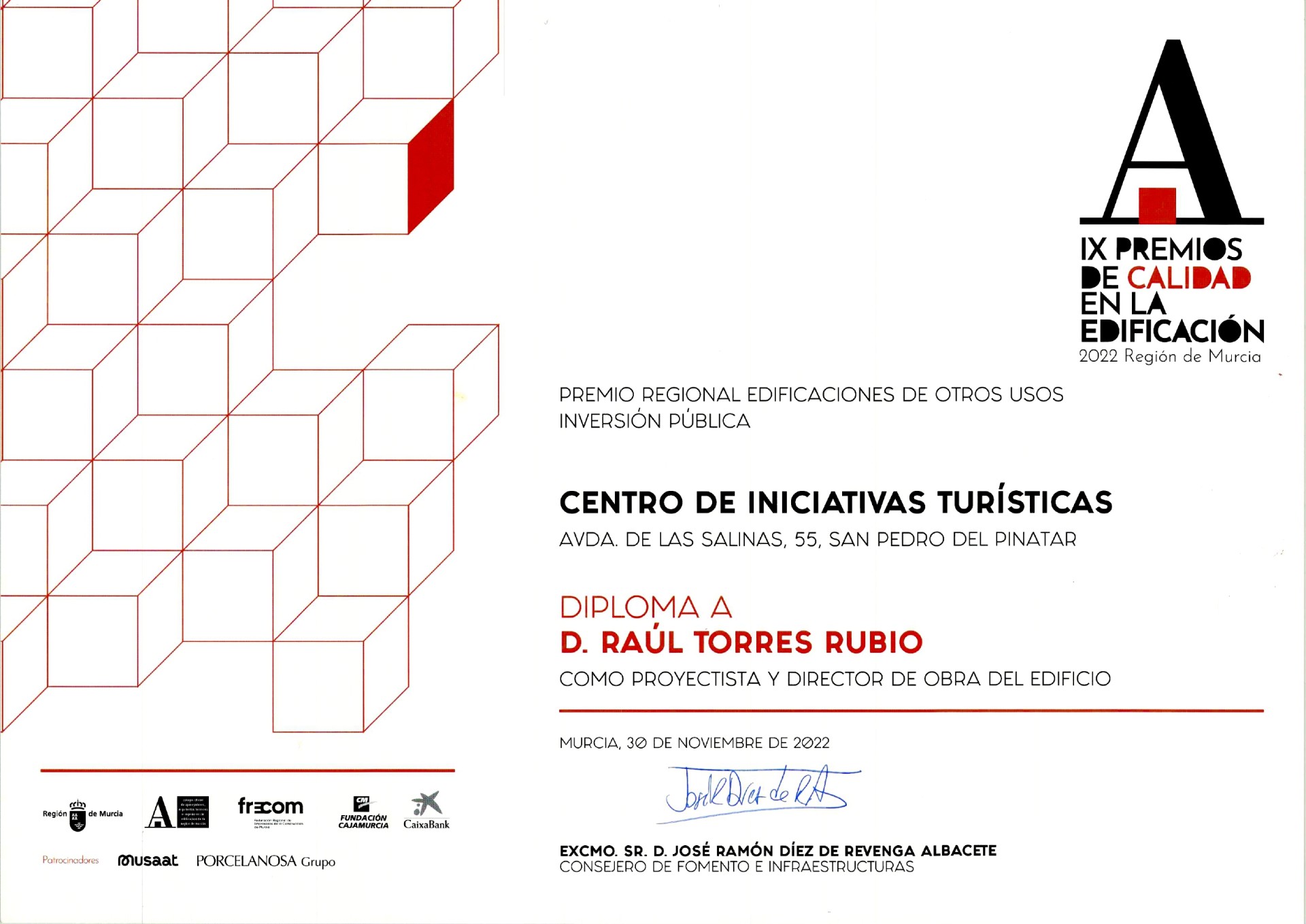 RAÚL TORRES RECIBE EL PREMIO CALIDAD EN LA EDIFICACIÓN EN LA IX EDICIÓN